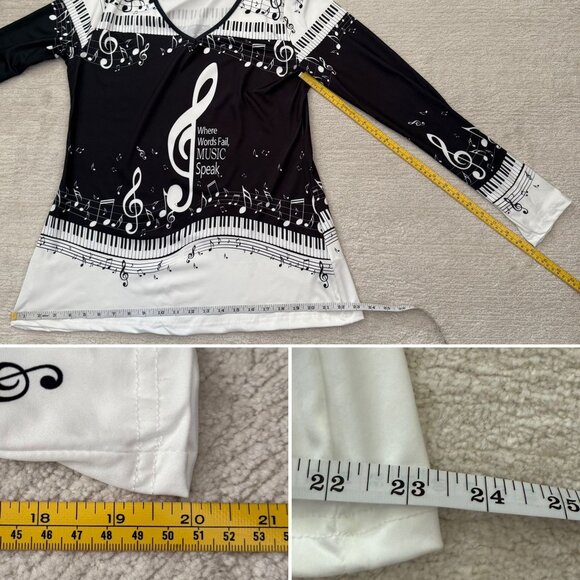 Music Notes Long Sleeve Top Size M Black White V Neck Piano Keys Print - Picture 5 of 9